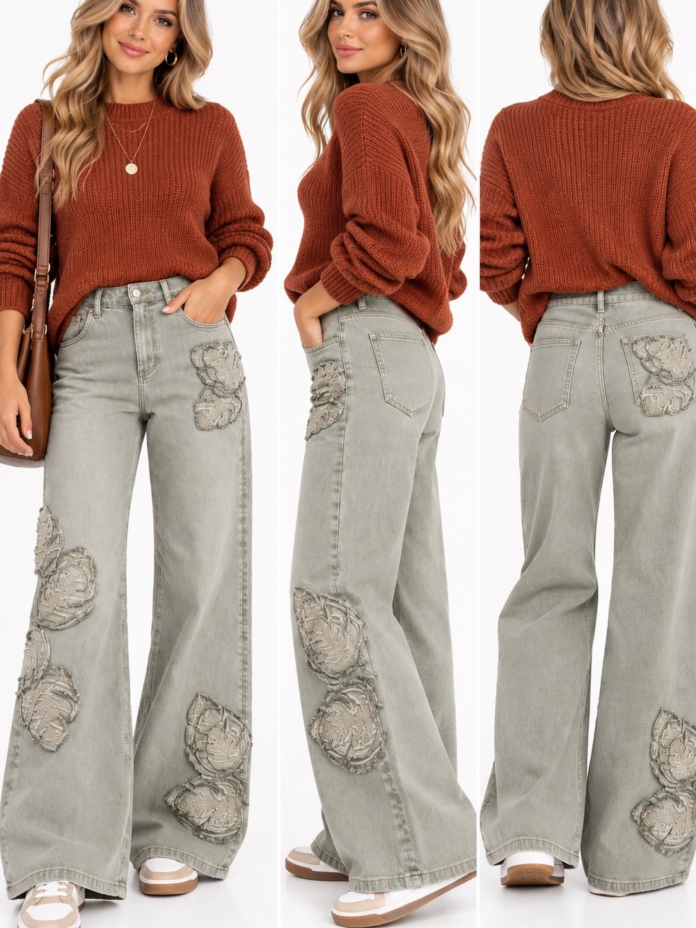 NEW DRIFTWOOD  Embroidered High-Waist Wide Leg Jeans in Washed Sage with App